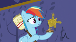 Size: 1280x720 | Tagged: safe, derpibooru import, screencap, rainbow dash, pegasus, pony, party pooped, broom, solo, trophy