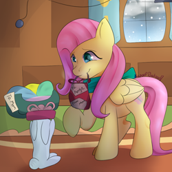 Size: 850x850 | Tagged: safe, artist:wolfbaloo, angel bunny, fluttershy, pegasus, pony, present, solo