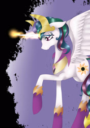 Size: 1530x2160 | Tagged: safe, artist:midfire, idw, princess celestia, alicorn, pony, dark mirror universe, evil celestia, floppy ears, glowing horn, mirror universe, raised hoof, solo, spread wings, wings