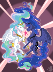 Size: 631x850 | Tagged: safe, artist:analogie, princess celestia, princess luna, alicorn, pony, element of magic, eyes closed, floating, horns are touching