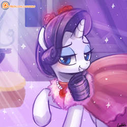 Size: 750x750 | Tagged: dead source, safe, artist:lumineko, rarity, pony, unicorn, no second prances, bedroom eyes, clothes, dress, female, mare, patreon, patreon logo, smiling, solo