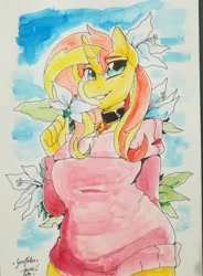 Size: 669x908 | Tagged: safe, artist:arnachy, sunset shimmer, anthro, unicorn, choker, clothes, commission, female, flower, flower in hair, hand behind back, looking at you, mare, smiling, solo, traditional art, watercolor painting