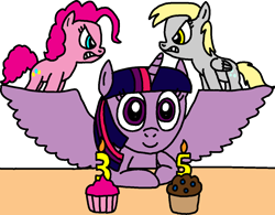 Size: 1200x934 | Tagged: safe, artist:blackrhinoranger, derpy hooves, pinkie pie, twilight sparkle, twilight sparkle (alicorn), alicorn, earth pony, pony, 35th anniversary, cupcake, cupcakes vs muffins, food, looking at you, muffin, table, wings