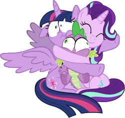 Size: 5919x5578 | Tagged: safe, artist:famousmari5, spike, starlight glimmer, twilight sparkle, twilight sparkle (alicorn), alicorn, dragon, pony, unicorn, a horse shoe-in, cute, female, floppy ears, glimmerbetes, hug, male, mare, simple background, small eyes, smiling, squishy, transparent background, underfoot, vector, winged spike