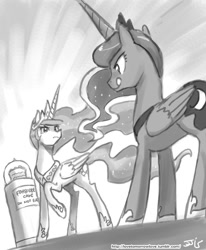 Size: 800x970 | Tagged: safe, artist:johnjoseco, princess celestia, princess luna, alicorn, pony, angry, cake, cakelestia, female, food, grayscale, licking, licking lips, mare, monochrome, raised hoof, this will not end well, tongue out