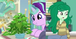 Size: 1671x873 | Tagged: safe, screencap, phyllis, starlight glimmer, wallflower blush, a horse shoe-in, better together, equestria girls, forgotten friendship, comparison, wallflower is a plant