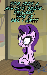 Size: 677x1080 | Tagged: safe, edit, edited screencap, screencap, starlight glimmer, pony, unicorn, road to friendship, caption, cropped, edgelight glimmer, emo, female, frown, glare, goth, hair dye, image macro, it's a phase, it's not a phase, looking offscreen, makeup, mare, scowl, sitting, solo, somnambula (location), text