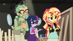 Size: 1440x810 | Tagged: safe, edit, edited screencap, screencap, canter zoom, sci-twi, sunset shimmer, twilight sparkle, anthro, unicorn, equestria girls, movie magic, spoiler:eqg specials, abomination, clothes, dress, failure, geode of telekinesis, glasses, magical geodes, pony head on human body, studio