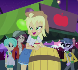 Size: 791x712 | Tagged: safe, screencap, applejack, microchips, normal norman, tennis match, equestria girls, perfect day for fun, rainbow rocks, animation error, apple bobbing, background human, lidded eyes, out of context, wet hair, wet mane