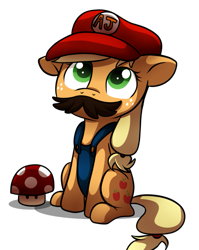 Size: 797x1002 | Tagged: safe, artist:fj-c, applejack, earth pony, pony, clothes, costume, hat, mario, moustache, mushroom, nintendo, sitting, solo, super mario bros., super mushroom