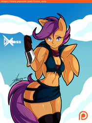 Size: 1200x1600 | Tagged: safe, artist:d-xross, scootaloo, anthro, abs, belly button, bracelet, clothes, cloud, female, gloves, jewelry, large butt, mare, midriff, miniskirt, muscles, older, patreon, patreon logo, scootabutt, short shirt, skirt, skirtaloo, socks, solo, strongaloo, tail, thigh highs, thighs, wide hips, wings, zettai ryouiki, zipper