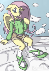 Size: 696x1000 | Tagged: safe, artist:countaile, fluttershy, anthro, bedroom eyes, breasts, clothes, delicious flat chest, flattershy, shorts, shoulderless, sitting, socks, solo, sweater, sweatershy