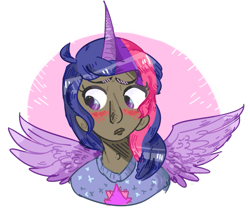 Size: 745x638 | Tagged: safe, artist:coyotoscoping, derpibooru import, twilight sparkle, twilight sparkle (alicorn), alicorn, human, blushing, bust, dark skin, horned humanization, humanized, simple background, solo, transparent background, winged humanization