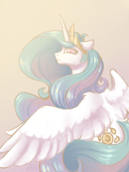 Size: 1500x2000 | Tagged: safe, artist:vezar56, princess celestia, alicorn, pony, bust, floppy ears, frown, glare, gradient background, haughty, lidded eyes, looking at you, looking back, looking back at you, portrait, profile, solo, spread wings