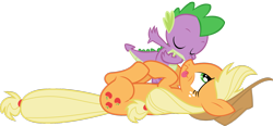 Size: 1600x744 | Tagged: safe, artist:sakatagintoki117, edit, applejack, spike, dragon, earth pony, pony, :p, applespike, boop, bowing, eyes closed, female, freckles, hundreds of users filter this tag, interspecies, kissing, lying down, male, mare, noseboop, on back, shipping, simple background, straight, tongue out, transparent background, vector, vector edit, wavy mouth