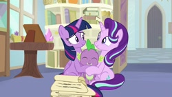 Size: 1920x1080 | Tagged: safe, screencap, spike, starlight glimmer, twilight sparkle, twilight sparkle (alicorn), alicorn, dragon, pony, a horse shoe-in, cute, group hug, hug, scroll, spikabetes, spikelove, winged spike