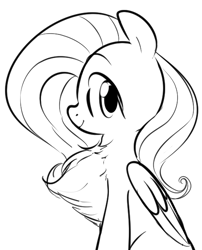 Size: 488x603 | Tagged: safe, artist:dotkwa, fluttershy, pegasus, pony, black and white, chest fluff, fluffershy, grayscale, impossibly large chest fluff, looking at you, monochrome, solo