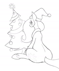 Size: 1280x1540 | Tagged: safe, artist:vulapa, princess celestia, alicorn, pony, christmas tree, hat, looking back, missing horn, monochrome, santa hat, sitting, sketch, solo, tree, wingless