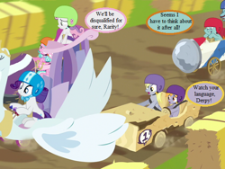 Size: 600x450 | Tagged: safe, edit, edited screencap, screencap, crackle pop, derpy hooves, diamond tiara, rarity, snips, sweetie belle, pony, unicorn, the cart before the ponies, angry, applewood derby, cart, cropped, dialogue, helmet, snips' dad, speech bubble, vehicle