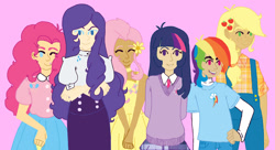 Size: 1348x736 | Tagged: safe, artist:hotokohoshi, derpibooru import, applejack, fluttershy, pinkie pie, rainbow dash, rarity, twilight sparkle, human, humanized, mane six