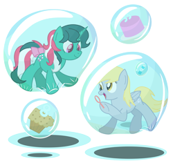 Size: 3700x3450 | Tagged: safe, artist:bladedragoon7575, derpibooru exclusive, derpy hooves, fizzy, g1, 35th anniversary, bubble, bubble blower, cake, cute, derpabetes, fizzybetes, floating, food, g1 to g4, generation leap, in bubble, muffin, simple background, soap bubble, transparent background