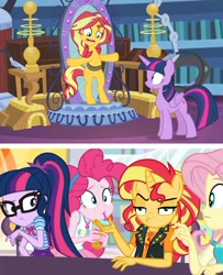 Size: 900x1111 | Tagged: safe, edit, edited screencap, screencap, fluttershy, pinkie pie, sci-twi, sunset shimmer, twilight sparkle, twilight sparkle (alicorn), alicorn, better together, equestria girls, forgotten friendship, rollercoaster of friendship, abomination, geode of empathy, geode of sugar bombs, geode of telekinesis, human head pony, magic mirror, magical geodes, pony head on human body, unamused, wat