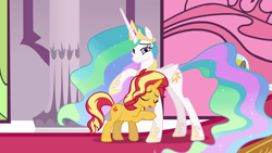 Size: 1920x1080 | Tagged: safe, screencap, princess celestia, sunset shimmer, alicorn, pony, unicorn, better together, equestria girls, forgotten friendship, begging, duo, eyes closed, forgiveness, heartwarming, hoof shoes, hug, it happened, reconciliation, reunion, the prodigal sunset