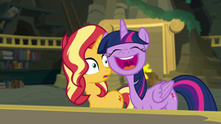 Size: 1920x1080 | Tagged: safe, screencap, sunset shimmer, twilight sparkle, twilight sparkle (alicorn), alicorn, pony, unicorn, better together, equestria girls, forgotten friendship, adorkable, cute, dork, faic, female, mare, open mouth, twiabetes