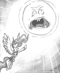 Size: 800x970 | Tagged: safe, artist:johnjoseco, princess celestia, alicorn, pony, crossover, derp, eyes closed, faic, flying, frown, grayscale, majestic as fuck, monochrome, open mouth, raising the sun, rick and morty, screaming sun, spread wings, sun, sun work, the wedding squanchers, wide eyes