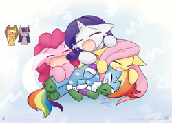 Size: 1209x866 | Tagged: safe, artist:howxu, derpibooru import, applejack, fluttershy, pinkie pie, rainbow dash, rarity, tank, twilight sparkle, earth pony, pegasus, pony, unicorn, tanks for the memories, clothes, cry pile, eyes closed, female, hat, mane six, ocular gushers, open mouth, scene interpretation, slippers, sweat, tank slippers