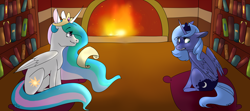 Size: 3600x1600 | Tagged: safe, artist:silenceartist, princess celestia, princess luna, alicorn, pony, bookshelf, fireplace, pillow, s1 luna, sitting