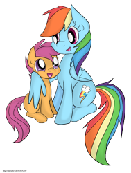 Size: 2762x3648 | Tagged: safe, artist:leslers, derpibooru import, rainbow dash, scootaloo, pegasus, pony, hug, scootalove, winghug