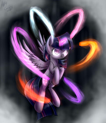 Size: 2190x2564 | Tagged: safe, artist:suplolnope, derpibooru import, twilight sparkle, twilight sparkle (alicorn), alicorn, pony, angry, female, flying, glowing eyes, glowing horn, magic, mare, solo, spread wings, wings