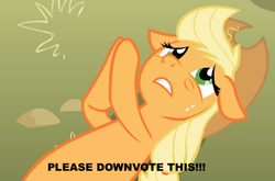 Size: 944x623 | Tagged: safe, applejack, earth pony, pony, applepray, downvote, image macro, meme, on back, reverse psychology, solo