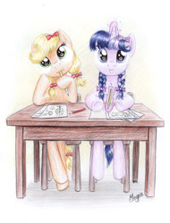 Size: 953x1255 | Tagged: safe, artist:magfen, applejack, twilight sparkle, earth pony, pony, alternate hairstyle, braid, chair, cute, drawing, grin, jackabetes, looking at you, magic, mouth hold, pencil, pencil drawing, pigtails, sitting, smiling, squee, table, telekinesis, traditional art, twiabetes, writing