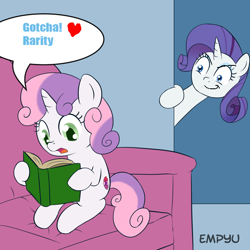 Size: 600x600 | Tagged: safe, artist:empyu, edit, rarity, sweetie belle, pony, unicorn, book, new leaf (spongebob episode), spongebob squarepants, sweetie belle's book