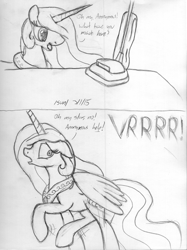 Size: 1216x1629 | Tagged: safe, artist:slash-sun-slash, princess celestia, alicorn, pony, adorable distress, behaving like a dog, comic, cute, cutelestia, monochrome, vacuum cleaner