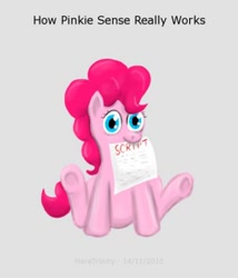 Size: 288x336 | Tagged: safe, artist:haretrinity, pinkie pie, earth pony, pony, artifact, pinkie sense, script, solo, underhoof