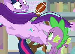 Size: 1008x720 | Tagged: safe, edit, edited screencap, screencap, spike, starlight glimmer, twilight sparkle, twilight sparkle (alicorn), alicorn, dragon, pony, unicorn, a horse shoe-in, american football, butt, cropped, eyes on the prize, female, flank, glimmer glutes, male, plot, shipping, sparlight, sports, straight, text, winged spike