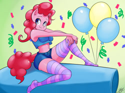 Size: 1720x1280 | Tagged: safe, artist:skecchiart, pinkie pie, anthro, plantigrade anthro, balloon, belly button, clothes, midriff, party cannon, socks, solo, stockings, striped socks