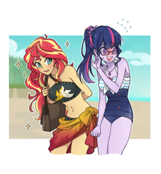 Size: 1200x1300 | Tagged: safe, artist:dcon, sci-twi, sunset shimmer, twilight sparkle, better together, equestria girls, forgotten friendship, bag, beach, belly button, blushing, clothes, female, geode of empathy, geode of telekinesis, jewelry, lesbian, magical geodes, midriff, necklace, scitwishimmer, shipping, sunsetsparkle, sweat, sweatdrop, swimsuit