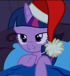 Size: 990x1078 | Tagged: safe, derpibooru import, edit, edited screencap, screencap, twilight sparkle, twilight sparkle (alicorn), alicorn, pony, power ponies (episode), cap, cute, female, hat, lidded eyes, mare, nightcap, santa hat, solo