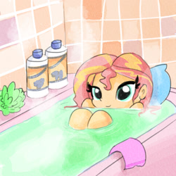 Size: 1280x1280 | Tagged: safe, artist:tjpones, sunset shimmer, equestria girls, bath, bathing, bathtub, cute, female, implied nudity, knees, knees pressed together, mane 'n tail, relaxing, shampoo, shimmerbetes, smiling, solo, water