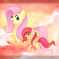 Size: 800x800 | Tagged: dead source, safe, artist:littaly, fluttershy, oc, oc:sunny days, pegasus, pony, blank flank, female, mother and child, mother and daughter, offspring, parent and child, parent:big macintosh, parent:fluttershy, parents:fluttermac