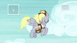 Size: 1920x1080 | Tagged: safe, screencap, derpy hooves, pegasus, pony, school raze, clothes, eyes closed, female, flying, hat, mailbag, mailmare, mailmare hat, mare, solo, uniform