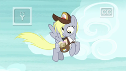 Size: 1920x1080 | Tagged: safe, screencap, derpy hooves, pegasus, pony, school raze, clothes, female, flying, hat, mailbag, mailmare, mailmare hat, mare, solo, uniform