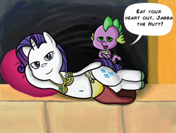 Size: 3372x2552 | Tagged: safe, artist:saburodaimando, rarity, spike, dragon, pony, unicorn, belly button, bikini, clothes, female, male, midriff, shipping, slave leia outfit, sparity, star wars, straight, swimsuit