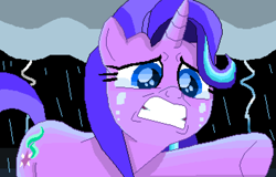 Size: 6154x3944 | Tagged: safe, artist:superhypersonic2000, starlight glimmer, pony, unicorn, a horse shoe-in, crying, female, lightning, mare, phyllis no!, pixel art, rain, scene interpretation, solo