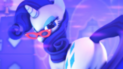 Size: 3840x2160 | Tagged: safe, artist:radiativespinger, rarity, pony, unicorn, 3d, bedroom eyes, featureless crotch, female, glasses, looking at you, looking back, plot, rarity's glasses, sexy, solo, source filmmaker, stupid sexy rarity