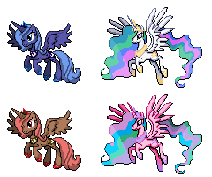 Size: 240x200 | Tagged: safe, artist:dmn666, princess celestia, princess luna, alicorn, pony, harvest moon, pinklestia, pixel art, pokémon, ponymon, simple background, transparent background